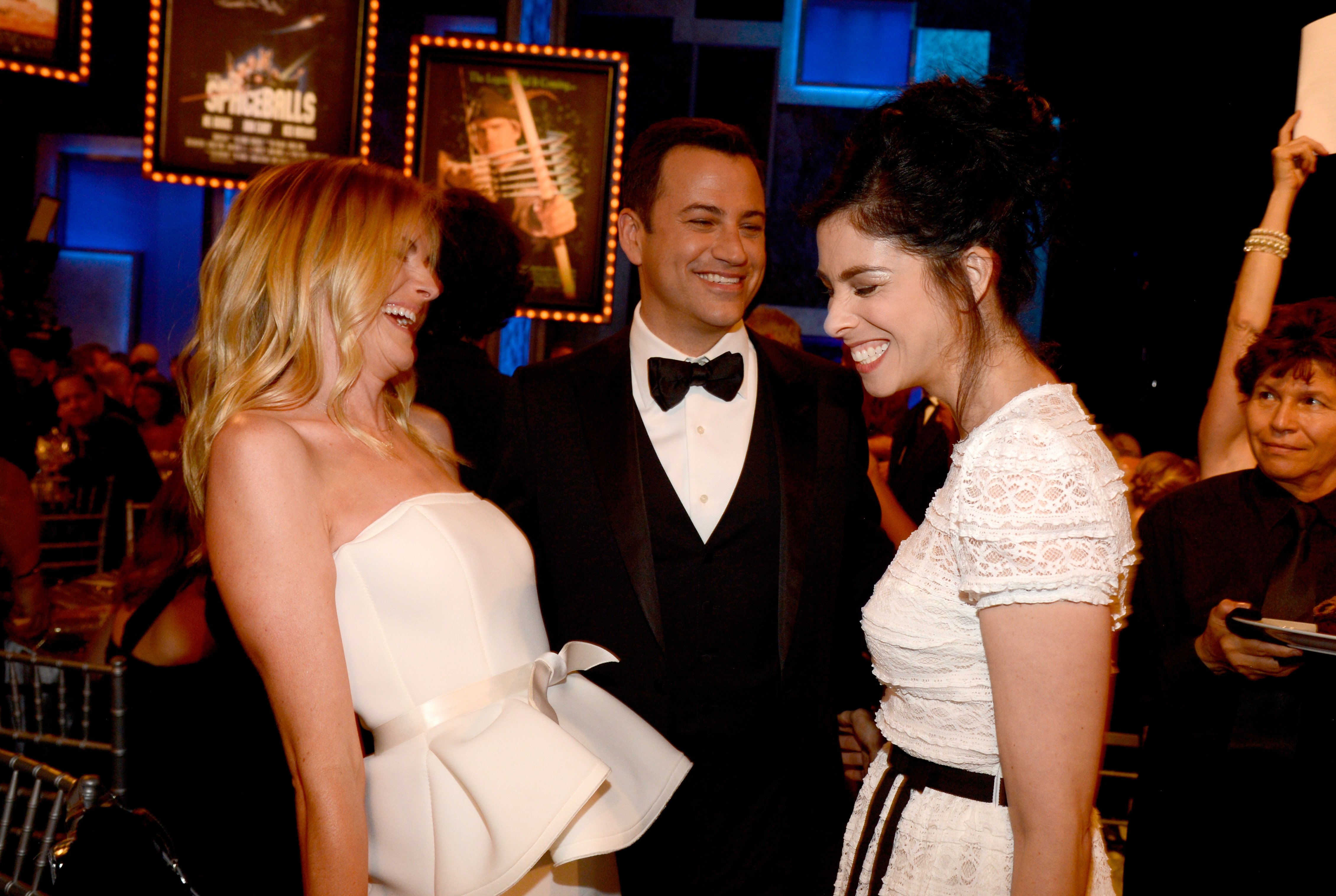 Molly McNeynie and her husband Jimmy Kimmel laugh with Sarah Silverman in AFI