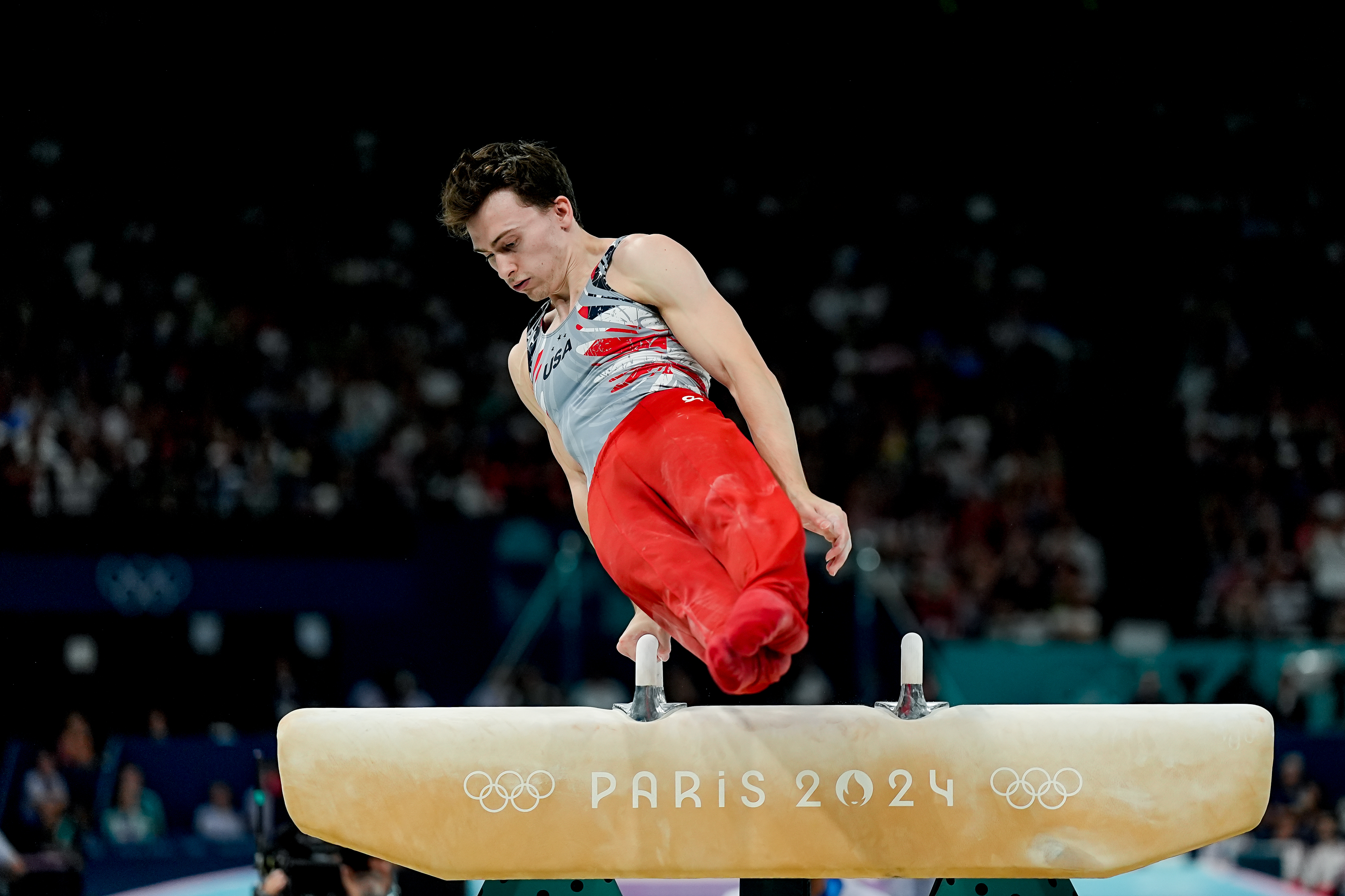 Stephen Nedoroscik of United States on Pommel Horse during the Men's Artistic Gymnastics Team Final on day three of the Olympic Games Paris 2024 at Bercy Arena on July 29, 2024 in Paris, France | Source: Getty Images