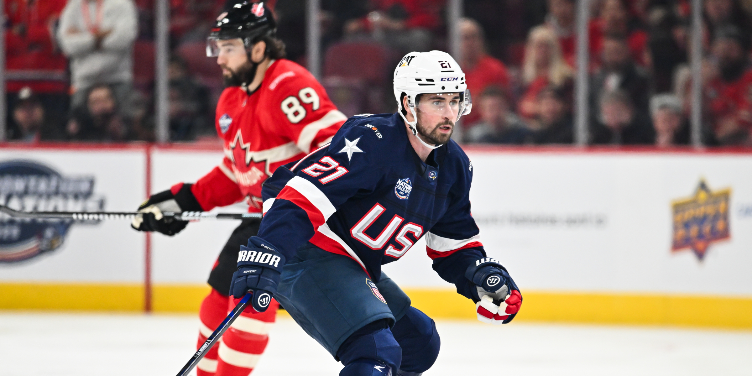 Dylan Larkin in Team USA’s 3-1 win over Canada at the 2025 NHL 4 Nations Face-Off | Source: Getty Images