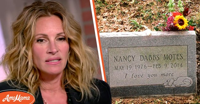 Left: Julia Roberts on Variety| Source: YouTube/Variety Right: Nancy Motes headstone | Source: Twitter/John Dilbeck