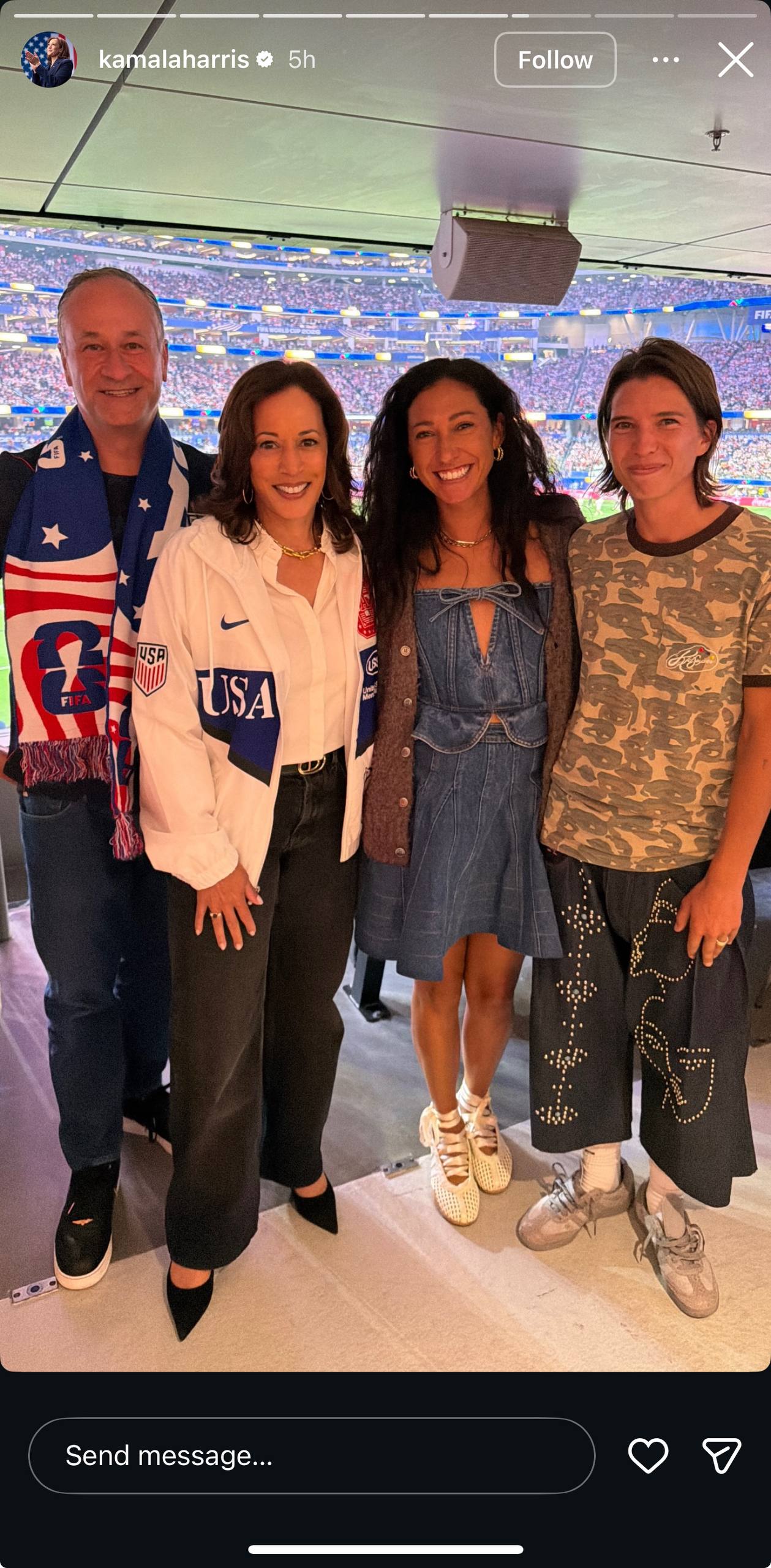 Kamala Harris and her husband spoke with Christen Press and Tobin Heath at the SoFi stadium on Thursday night. | Source: Instagram/kamalaharris