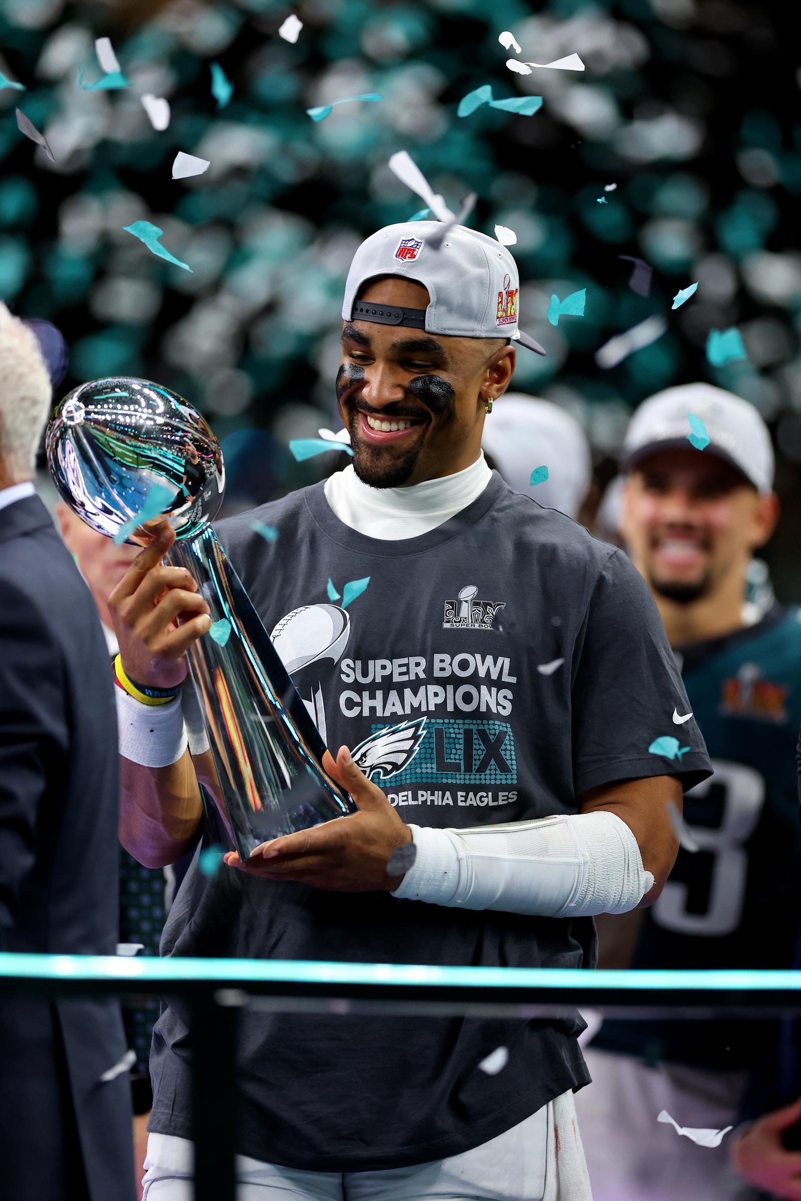 Jalen Hurts holding the Vince Lombardi Trophy after the Philadelphia Eagles' victory during the Super Bowl in New Orleans, Louisiana on February 9, 2025. | Source: Getty Images