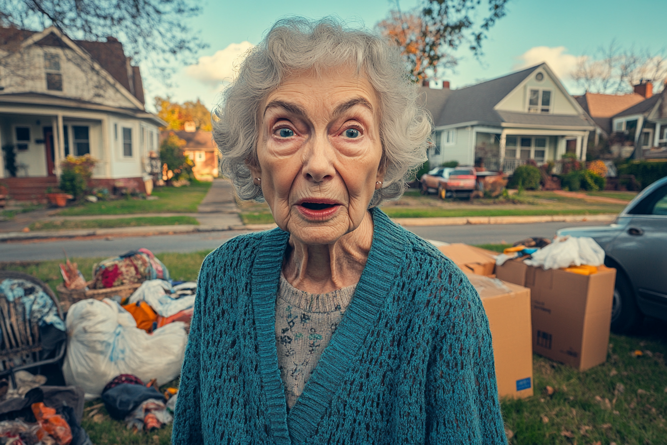 A woman in her front yard with stuff on the ground | Source: Midjourney