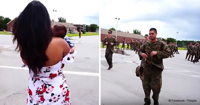 Marine returns home after a long deployment and meets his newborn son for the first time