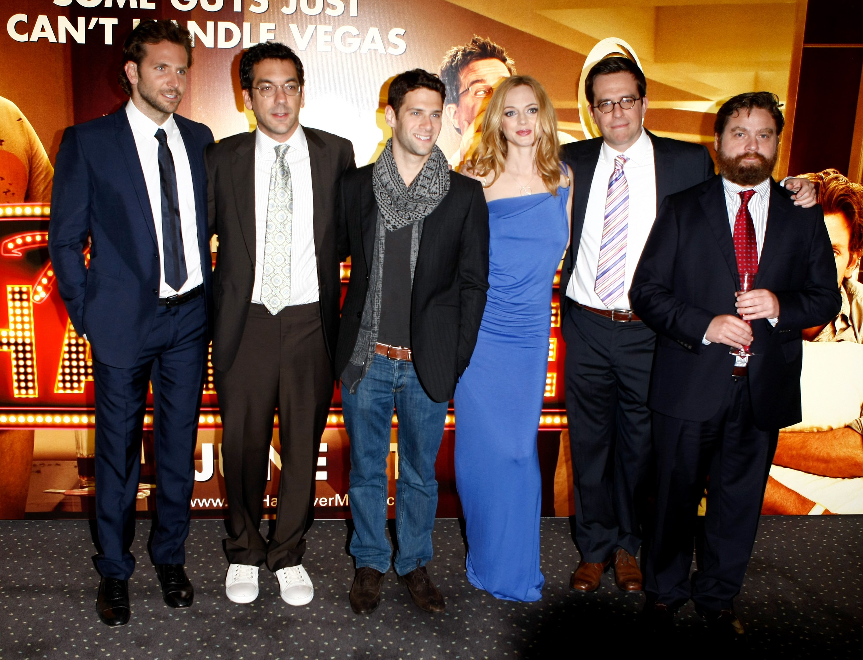 Bradley Cooper, Todd Phillips, Justin Bartha, Heather Graham, Ed Helms, and Zach Galifianakis at the premiere of the first edition in "The Hangover" trilogy in London, England, June 10, 2009. | Source: Getty Images
