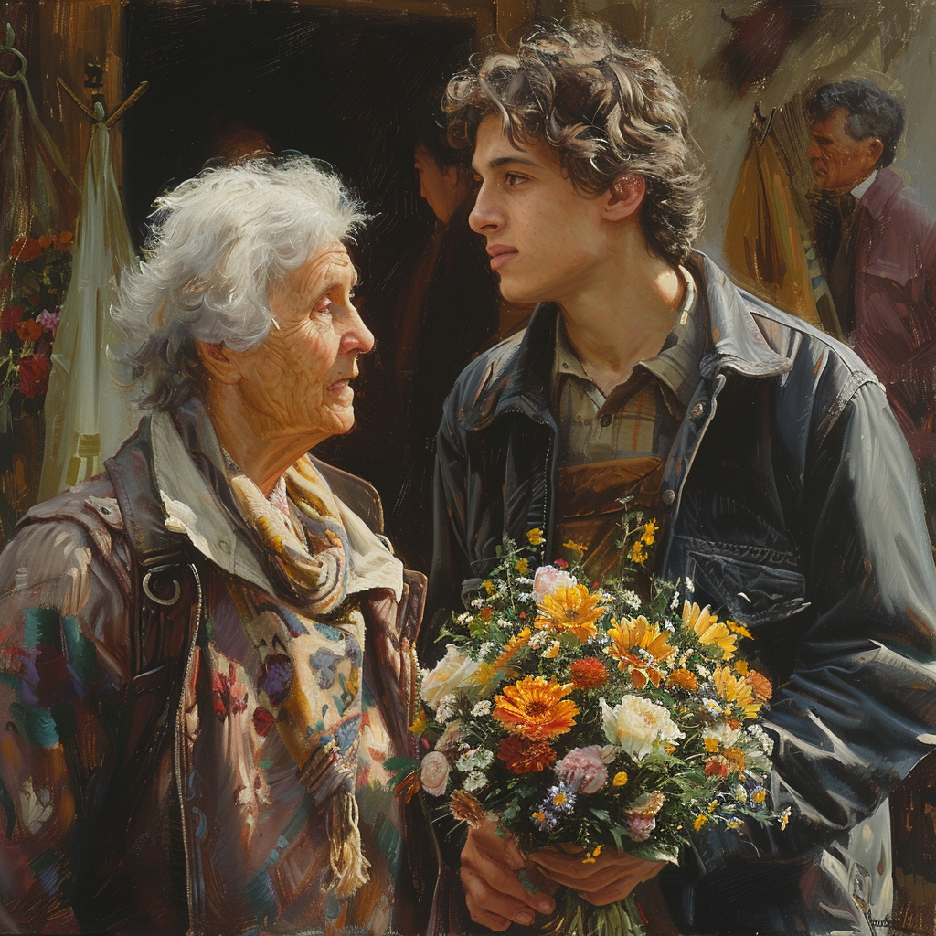 An elderly woman and a young man carrying a bouquet of flowers | Source: Midjourney