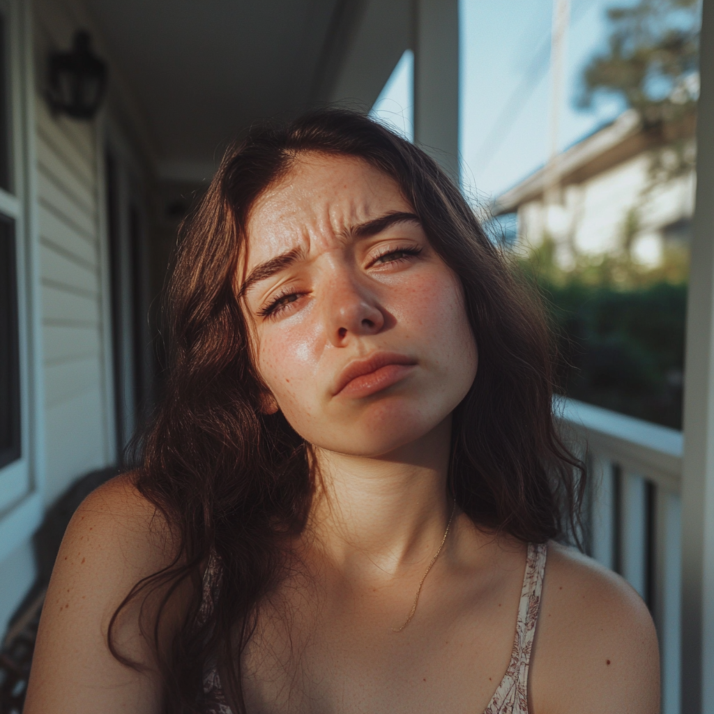 Een verwarde vrouw op haar veranda | Bron: Midjourney