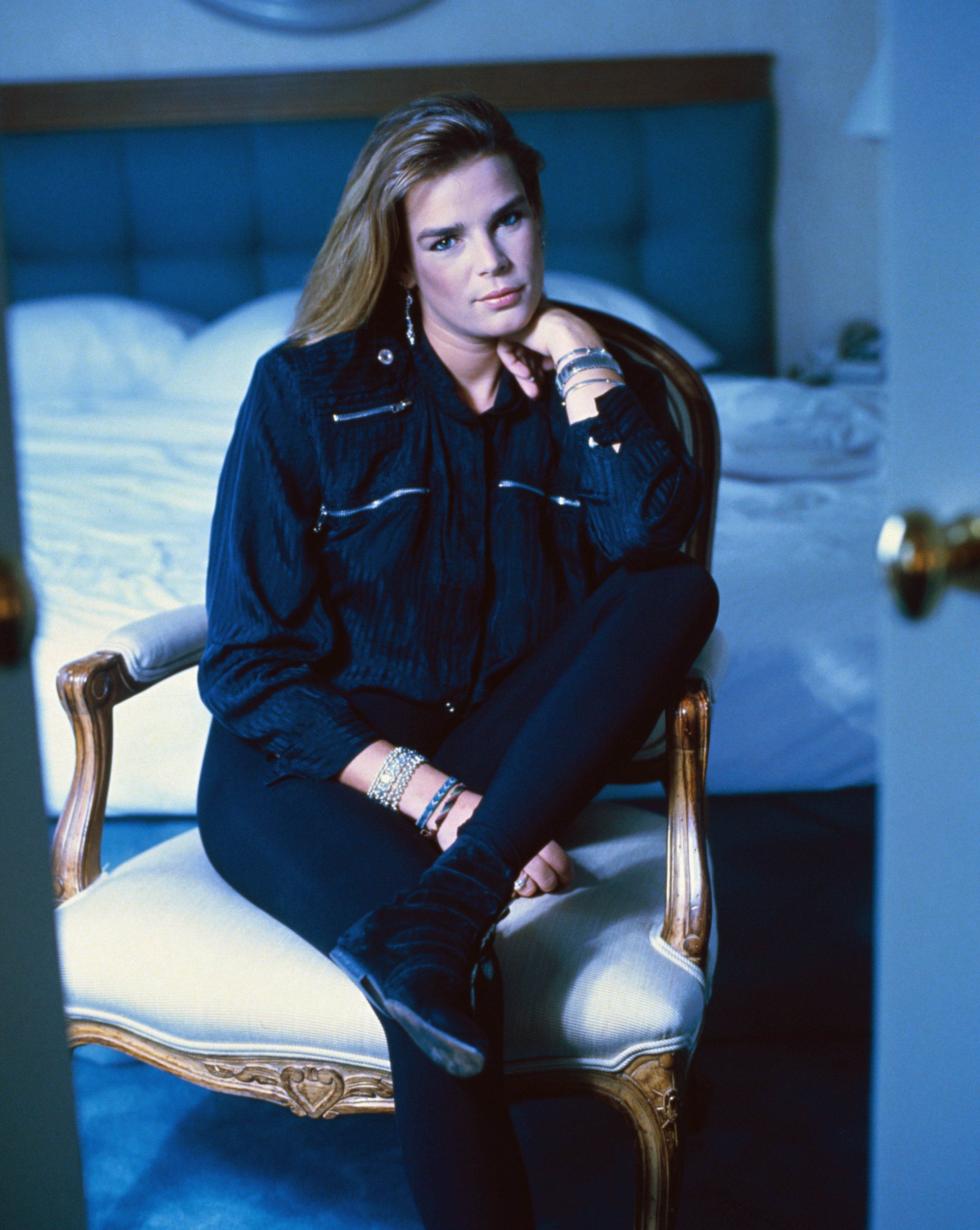 Stephanie, Princess of Monaco pictured in a white chair dressed up in a black coordinating outfit. / Source: Getty Images