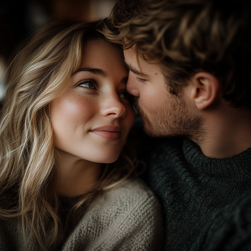 A woman lovingly looks at her husband kissing her on the cheek | Source: Midjourney