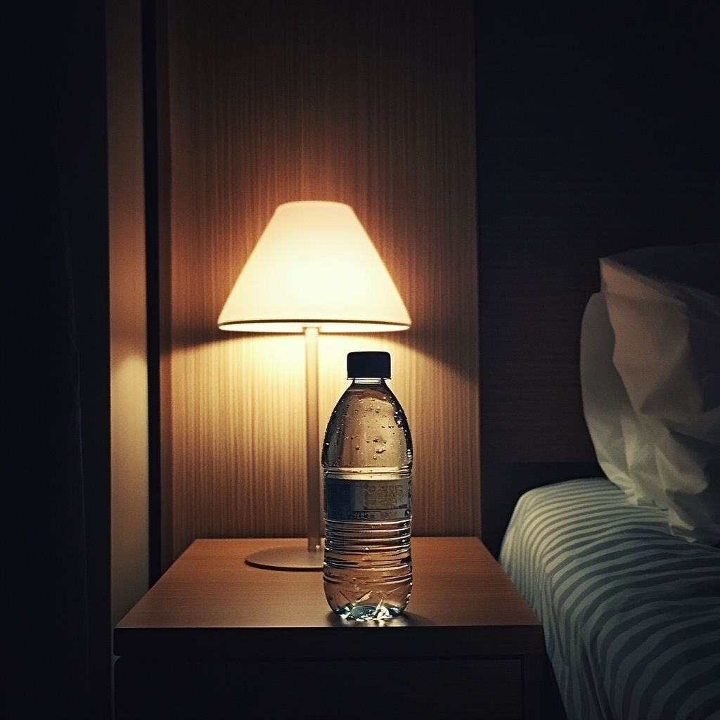 A bottle of water on a night stand | Source: Midjourney