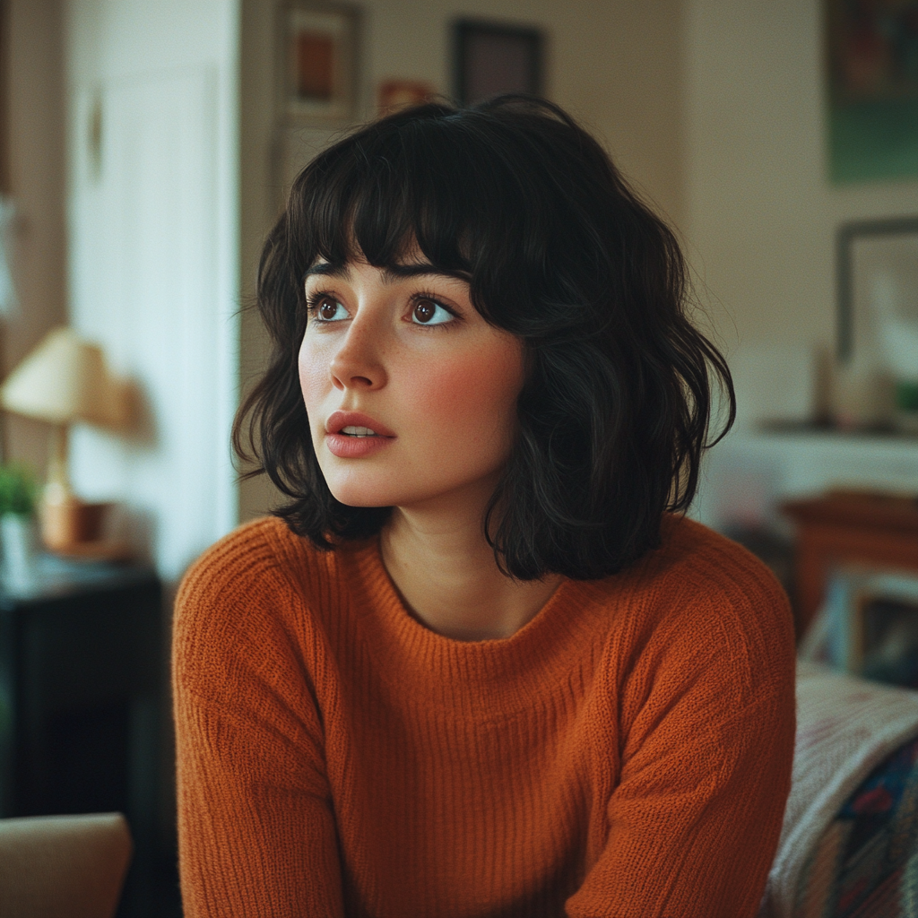 A sad woman talking in her living room | Source: Midjourney