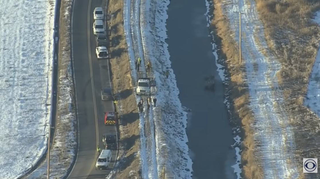 Search crews gather near the canal in Timnath where Kaylee Russell’s car was discovered, as posted on December 5, 2025 | Source: YouTube/CBS Colorado