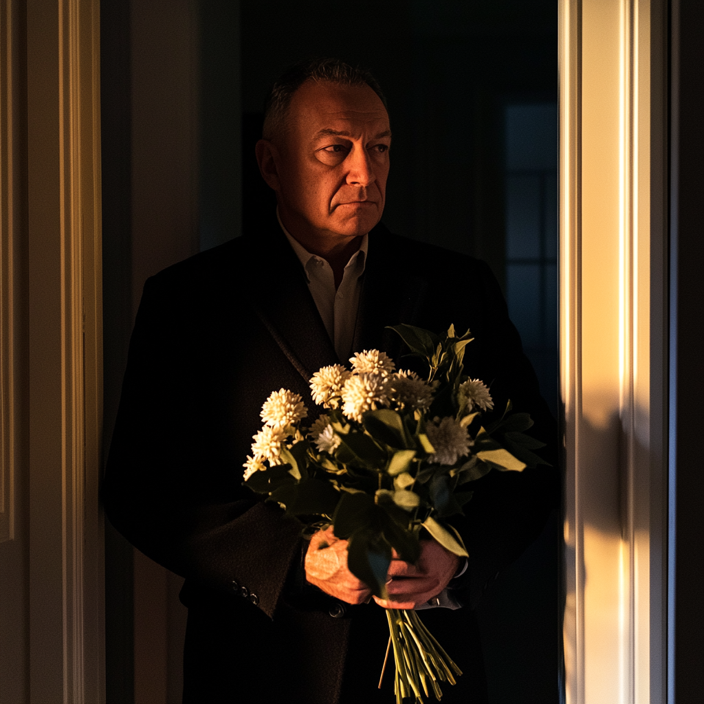 A man holding a bouquet of flowers | Source: Midjourney