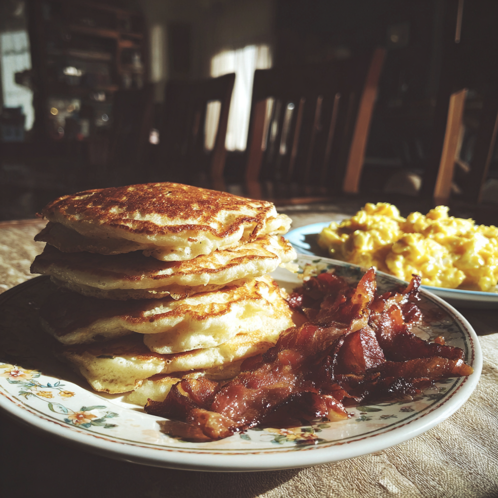 A plate of pancakes and bacon | Source: Midjourney