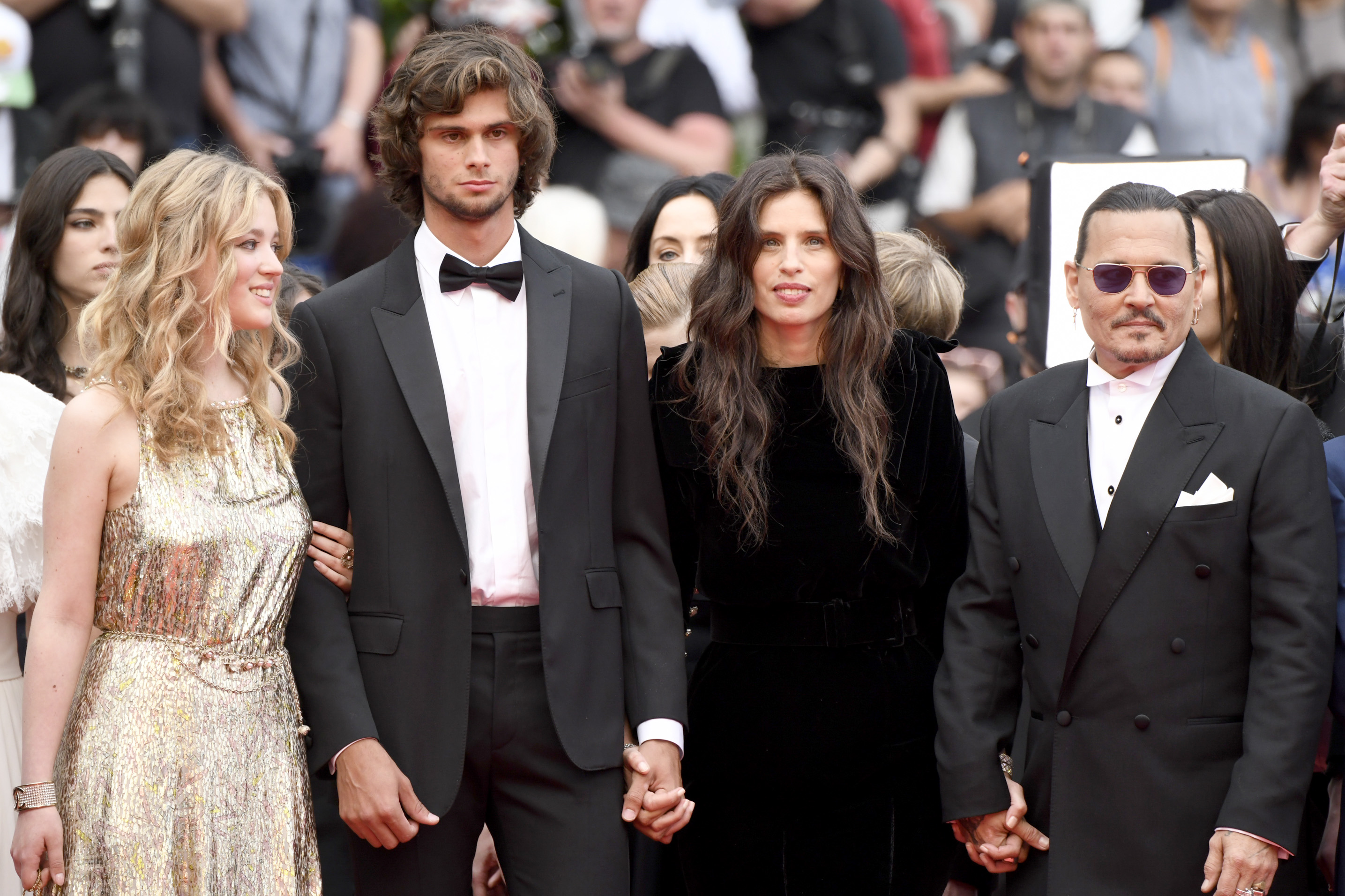 Pauline Pollman, Diego Le Fur, Maiwenn and Johnny Depp attend the "Jeanne du Barry" Screening & opening ceremony red carpet at the 76th annual Cannes film festival at Palais des Festivals, on May 16, 2023, in Cannes, France. | Source: Getty Images