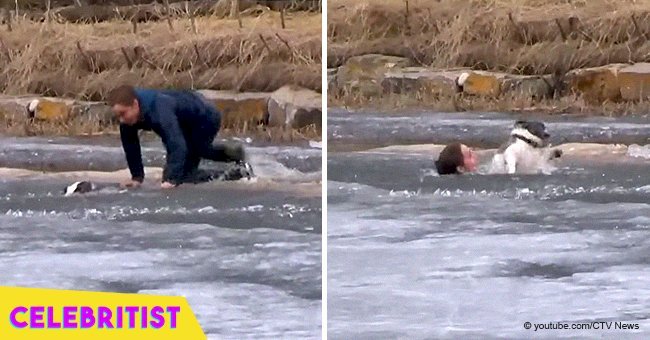 Brave man quickly leaps into frozen pond to save his drowning dog in viral video