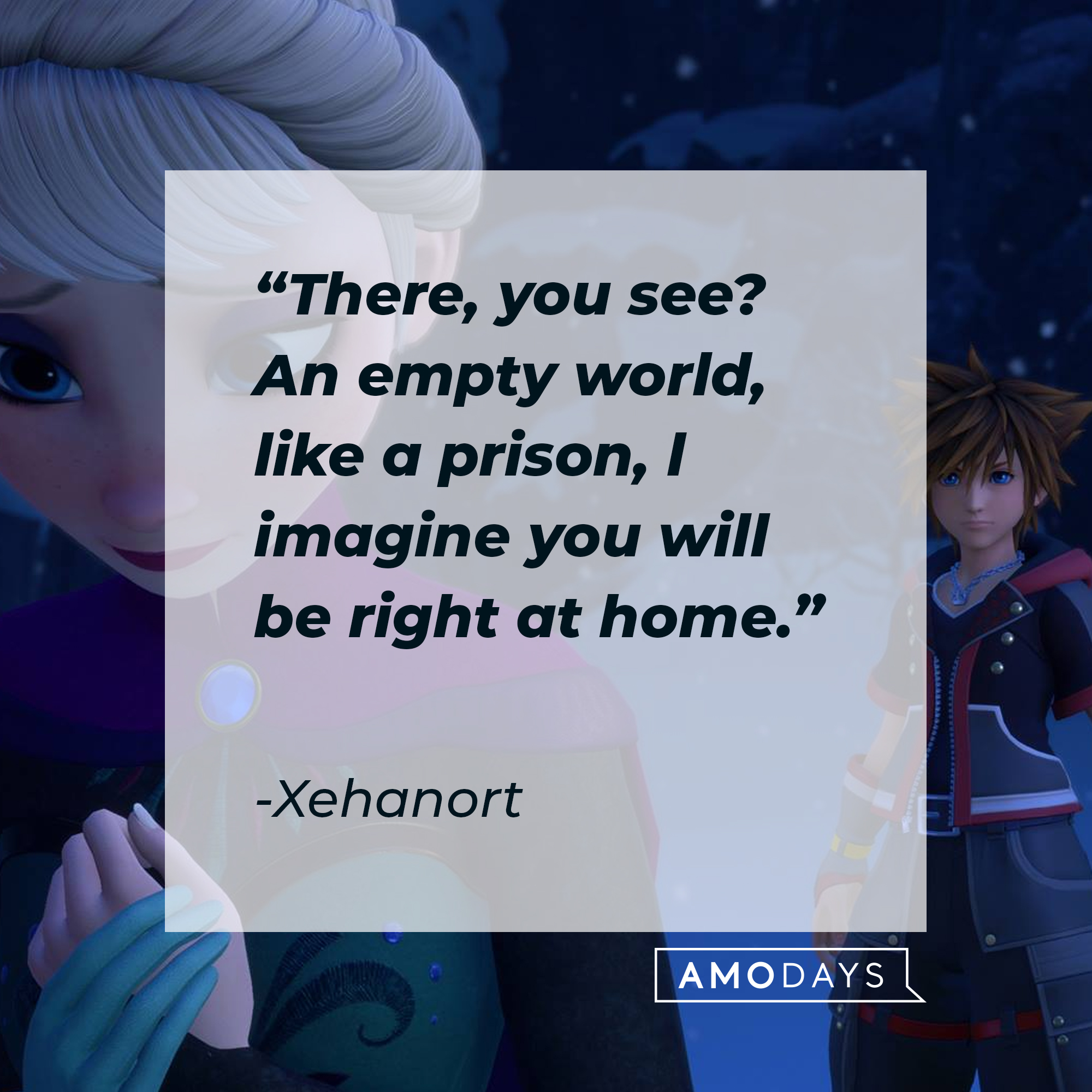 An image of Elsa and  Sora with Xehanort’s quote: “There, you see? An empty world, like a prison, l imagine you will be right at home.” | Source: facebook.com/KingdomHearts