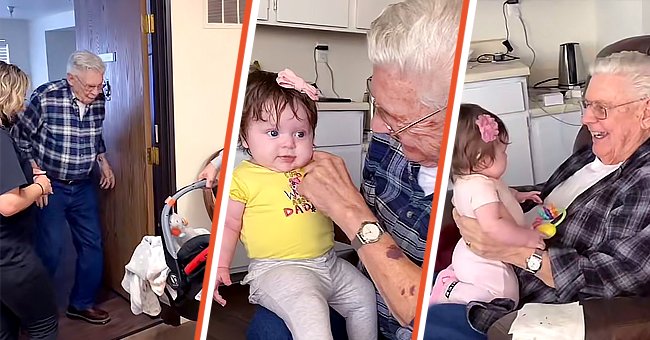 The 86-year-old lonely widower, Floyd, opening his door to his caretaker [left] Floyd carrying his caretaker's grandchild on his laps [center] Floyd playing with the baby gently [right]. | Source: tiktok.com/itscamerinkindle