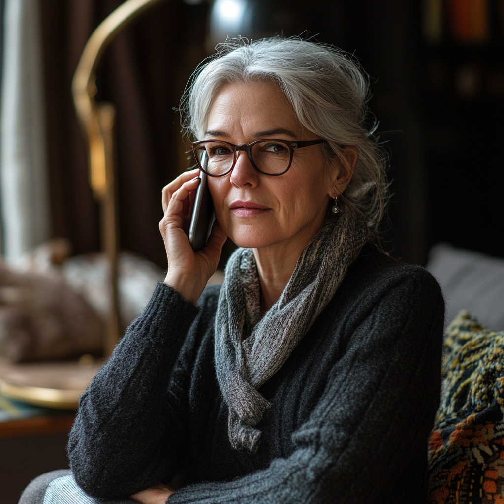 A serious woman talking on her phone in her living room | Source: Midjourney