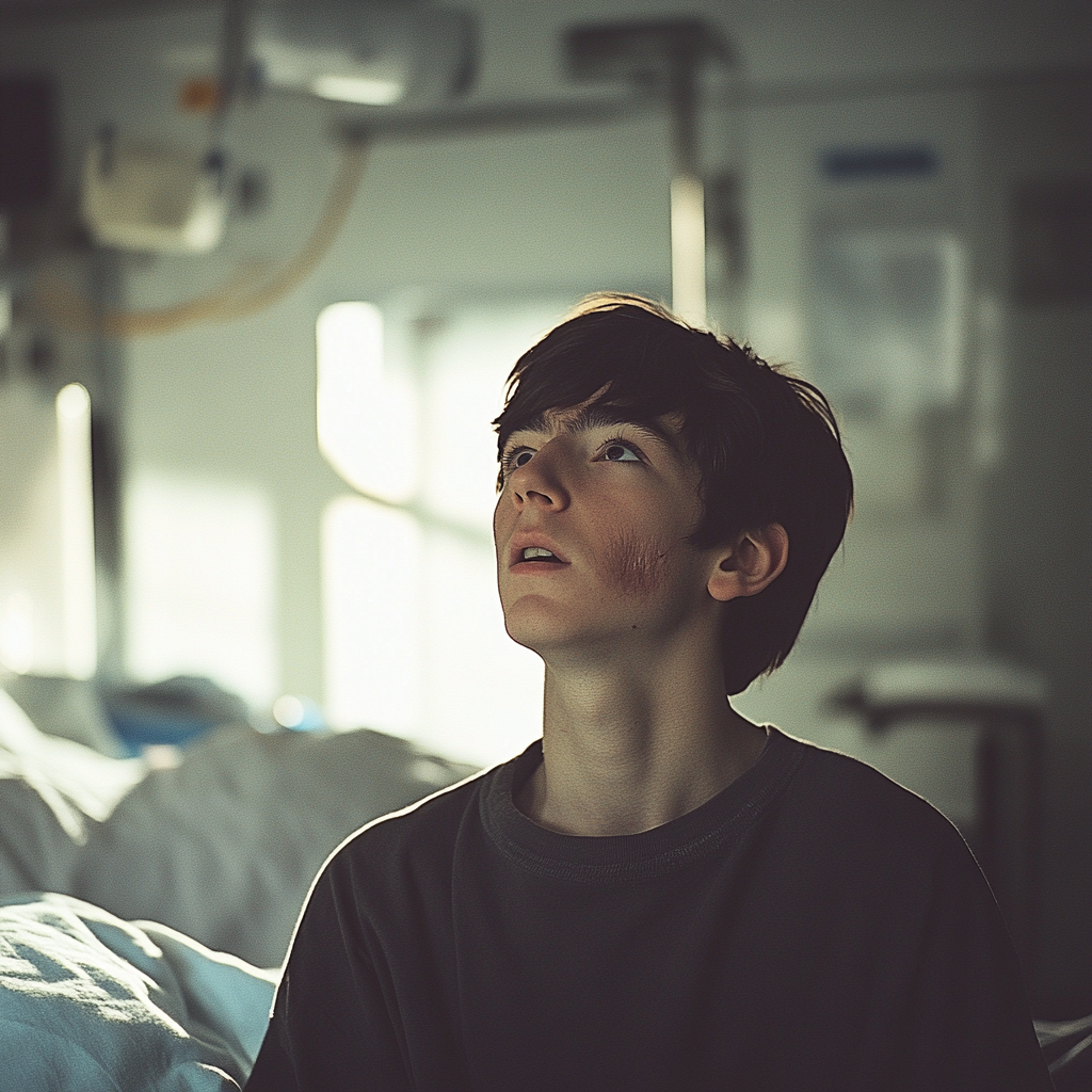 A shocked boy in a hospital room | Source: Midjourney