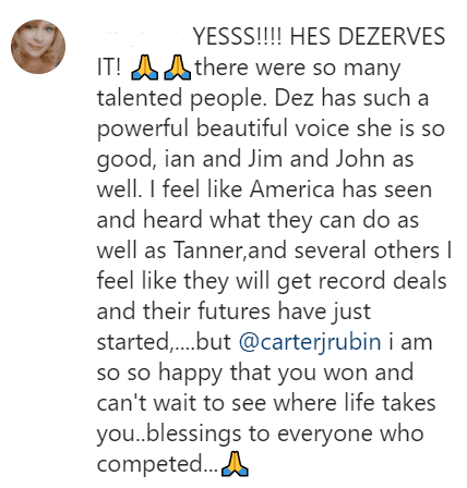 A fan comments on "The Voice's" winner announcement for season 19 on December 15, 2020 | Photo: Instagram/nbcthevoice