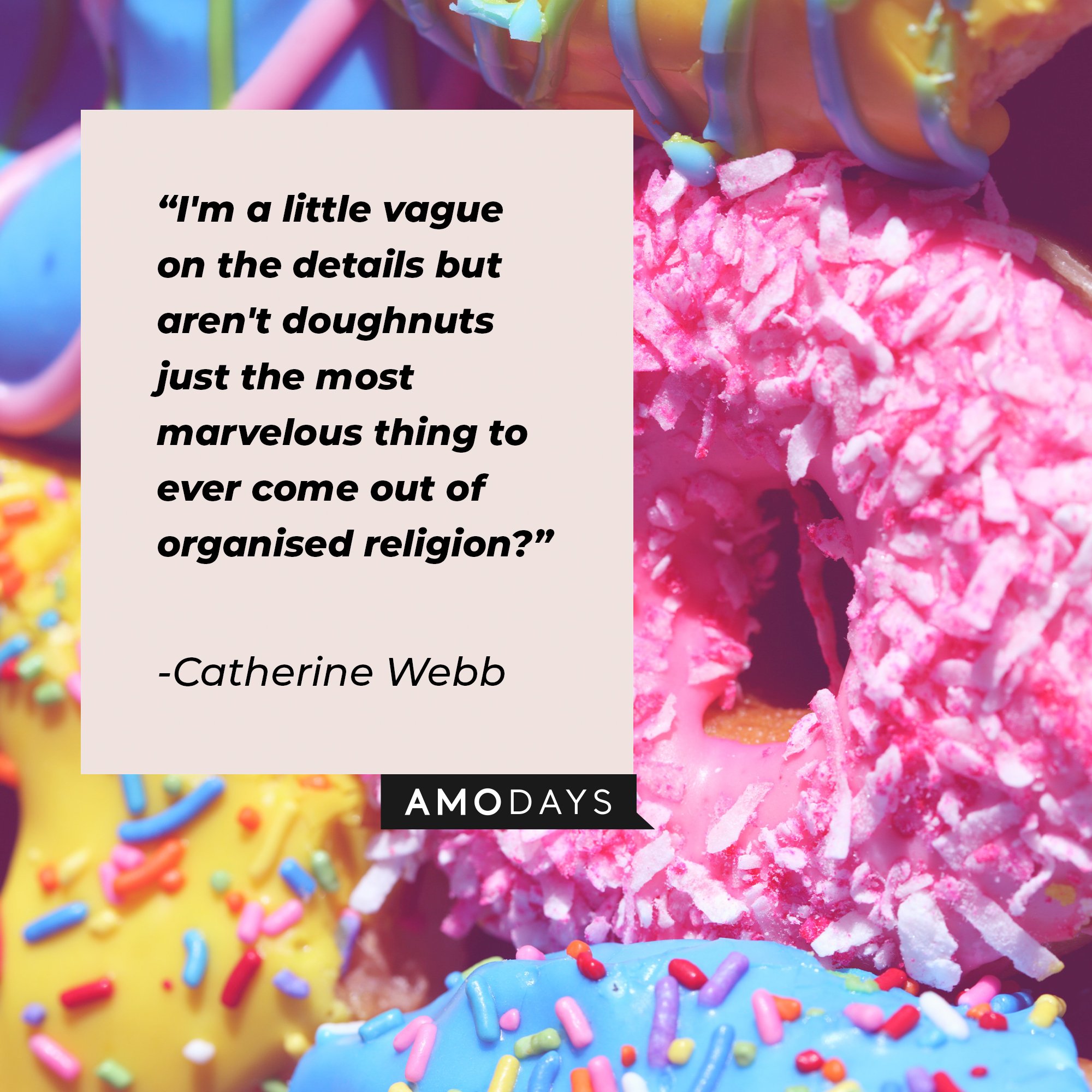  Catherine Webb's quote: "I'm a little vague on the details but aren't doughnuts just the most marvelous thing to ever come out of organised religion?" | Image: AmoDays