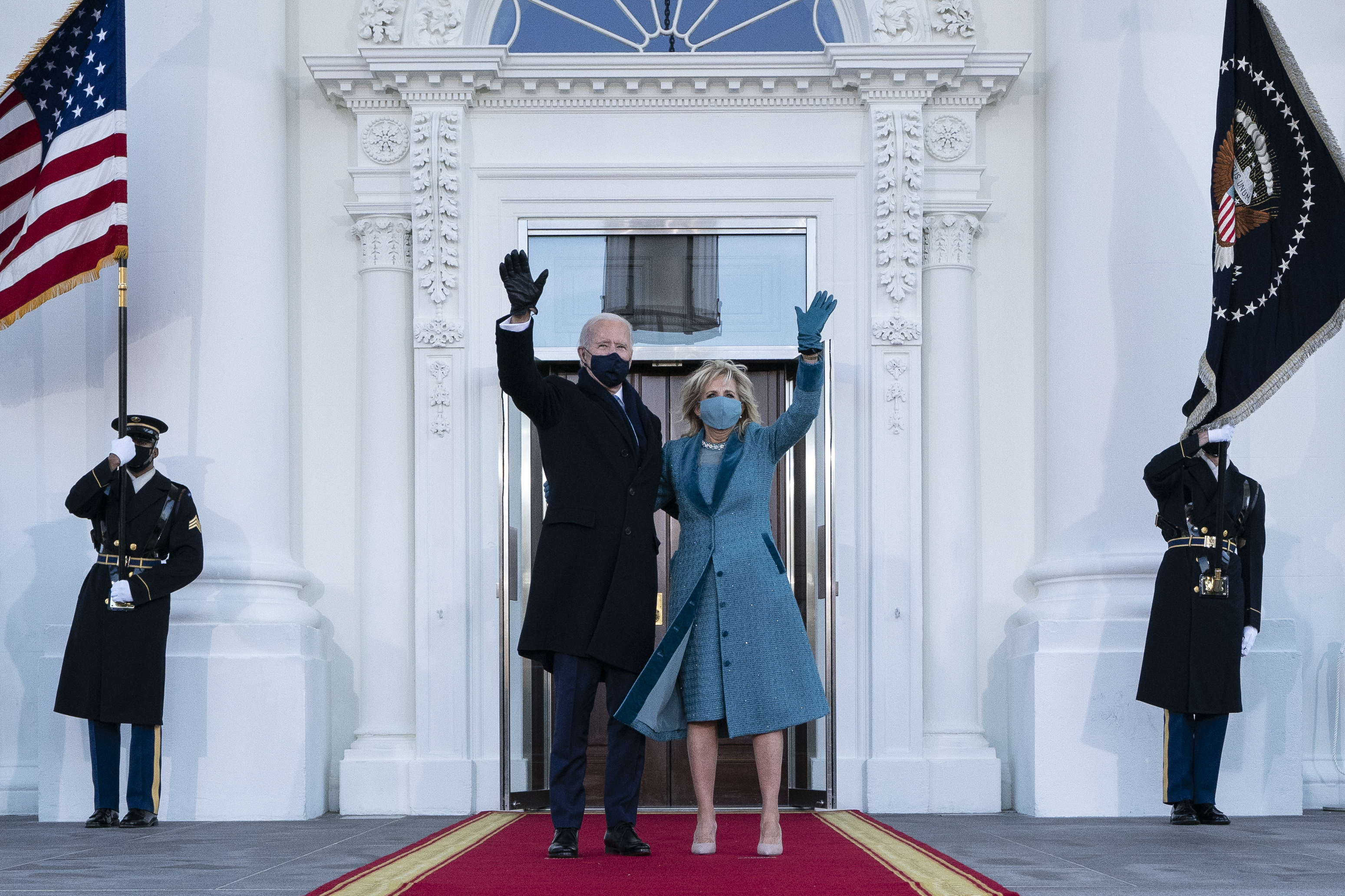 Former President Joe Biden and First Lady Dr. Jill Biden waving as they arrive at the North Portico of the White House on January 20, 2021, in Washington, D.C. | Source: Getty Images