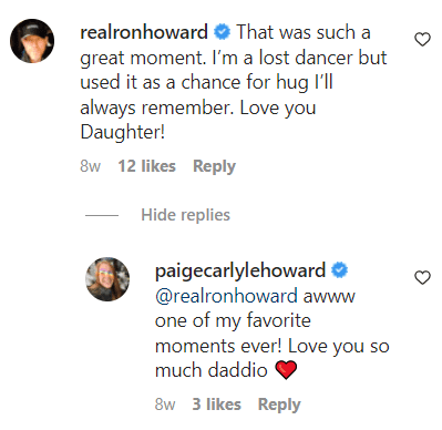 A screengrab of actor Ron Howard commenting on his daughter's social media post | Source: Instagram/paigecarlylehoward