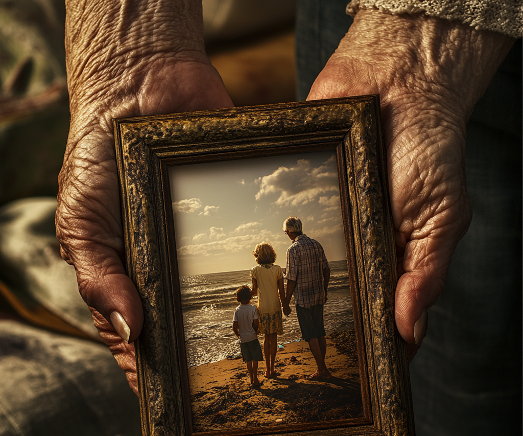 An older lady holding a framed photo of a young couple with a little boy | Source: Midjourney