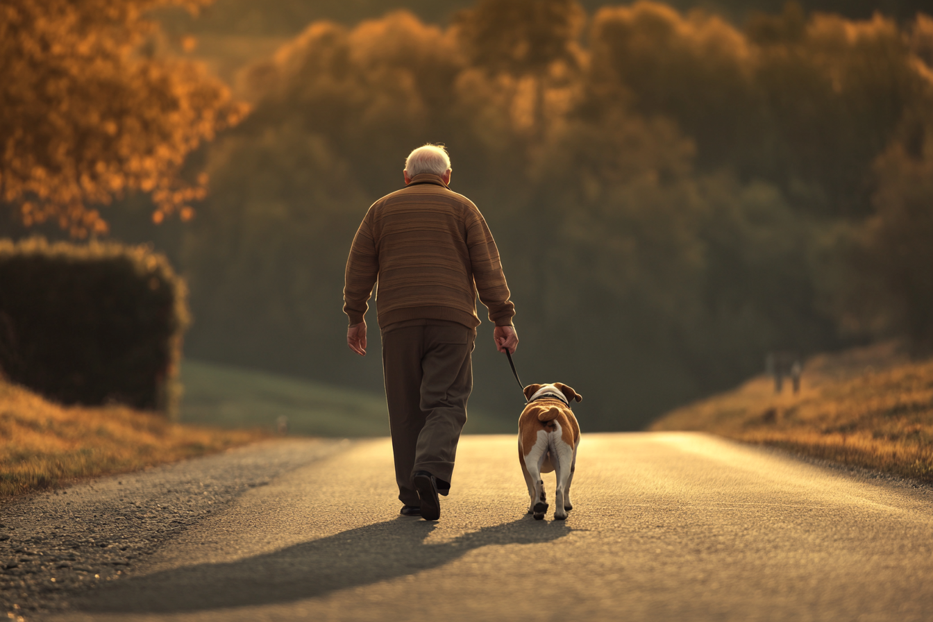 An older man walking with his pet dog on the road | Source: Midjourney