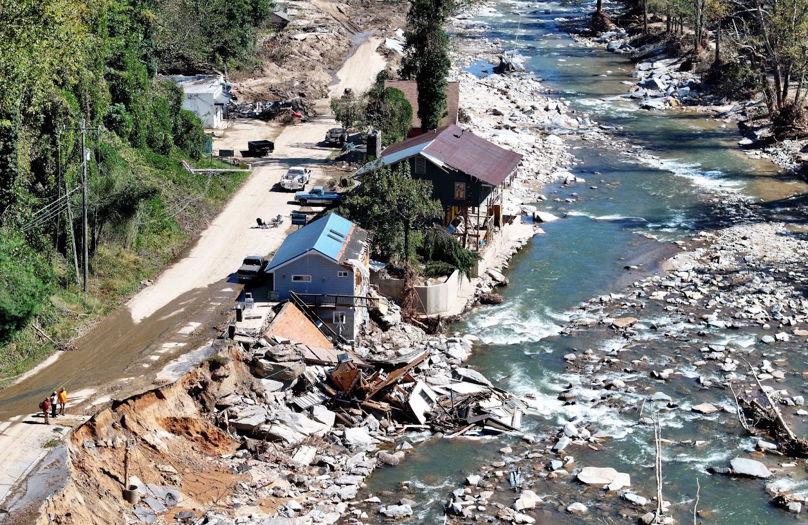 An aerial view of destroyed and damaged buildings in the aftermath of Hurricane Helene flooding on October 8, 2024, in Bat Cave, North Carolina. | Source: Getty Images