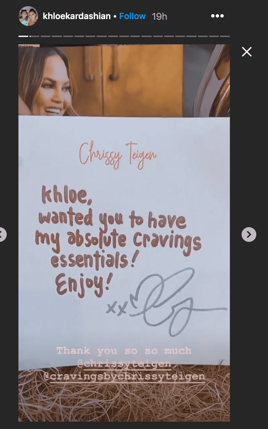 Khloe Kardashian shared a video of her opening the "Cravings" cooking line gift basket she received from Chrissy Teigen | Source: Instagram.com/khloekardashian
