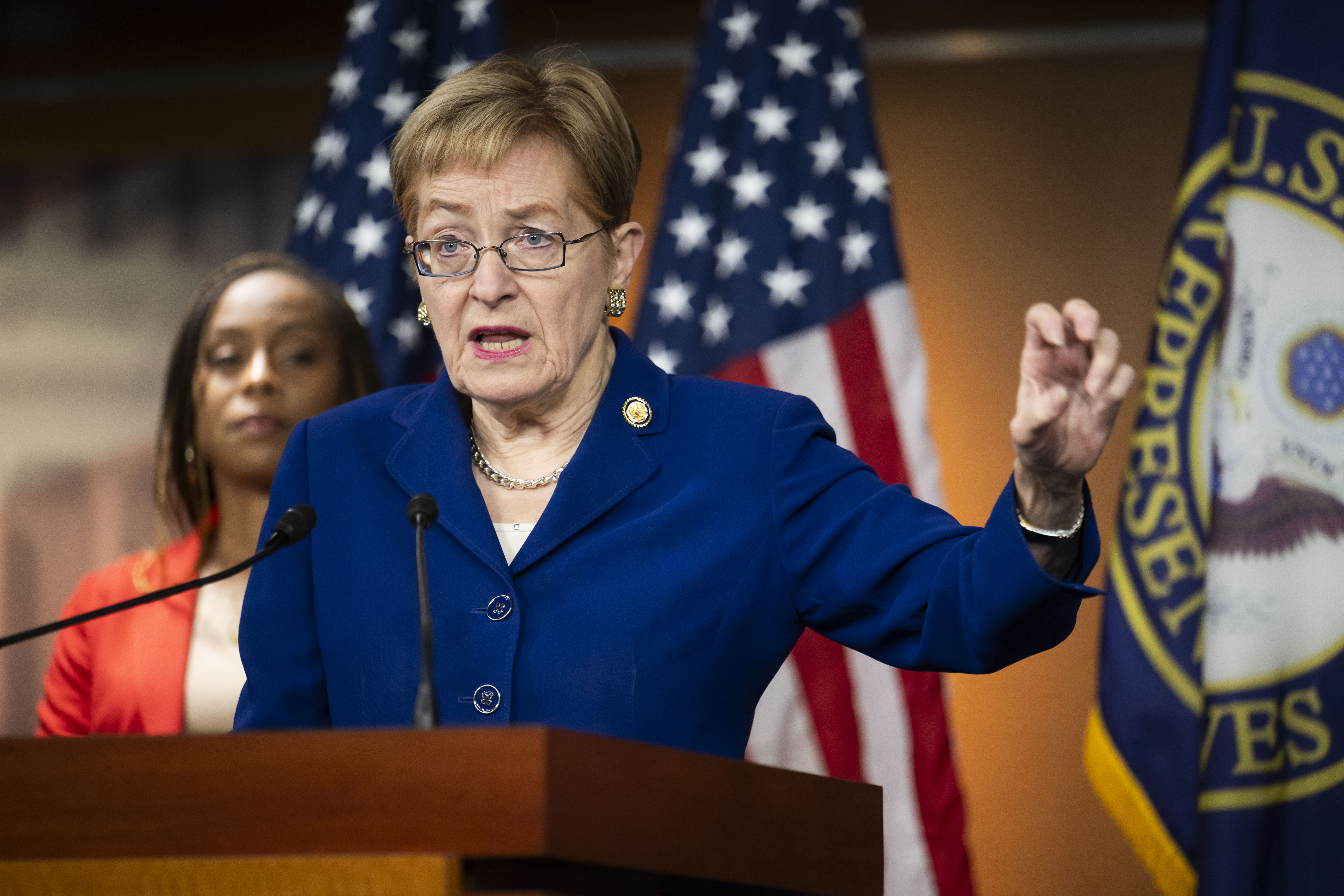 Representative Marcy Kaptur (D-Ohio), the longest-serving woman in congressional history, speaking at a news conference before her terrifying Sunday hit-and-run crash in Toledo. | Source: Getty Images