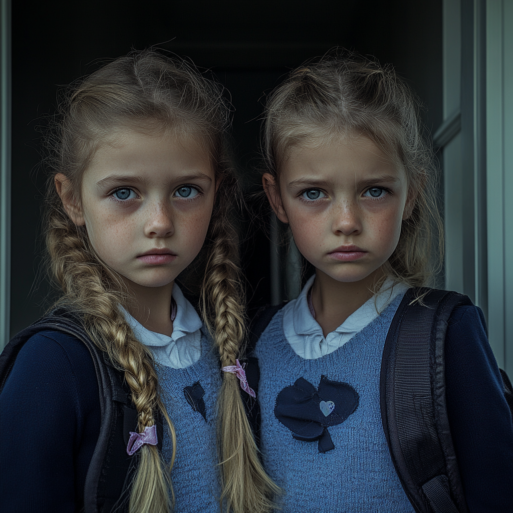 Emma and Lisa coming home from school with serious faces | Source: Midjourney