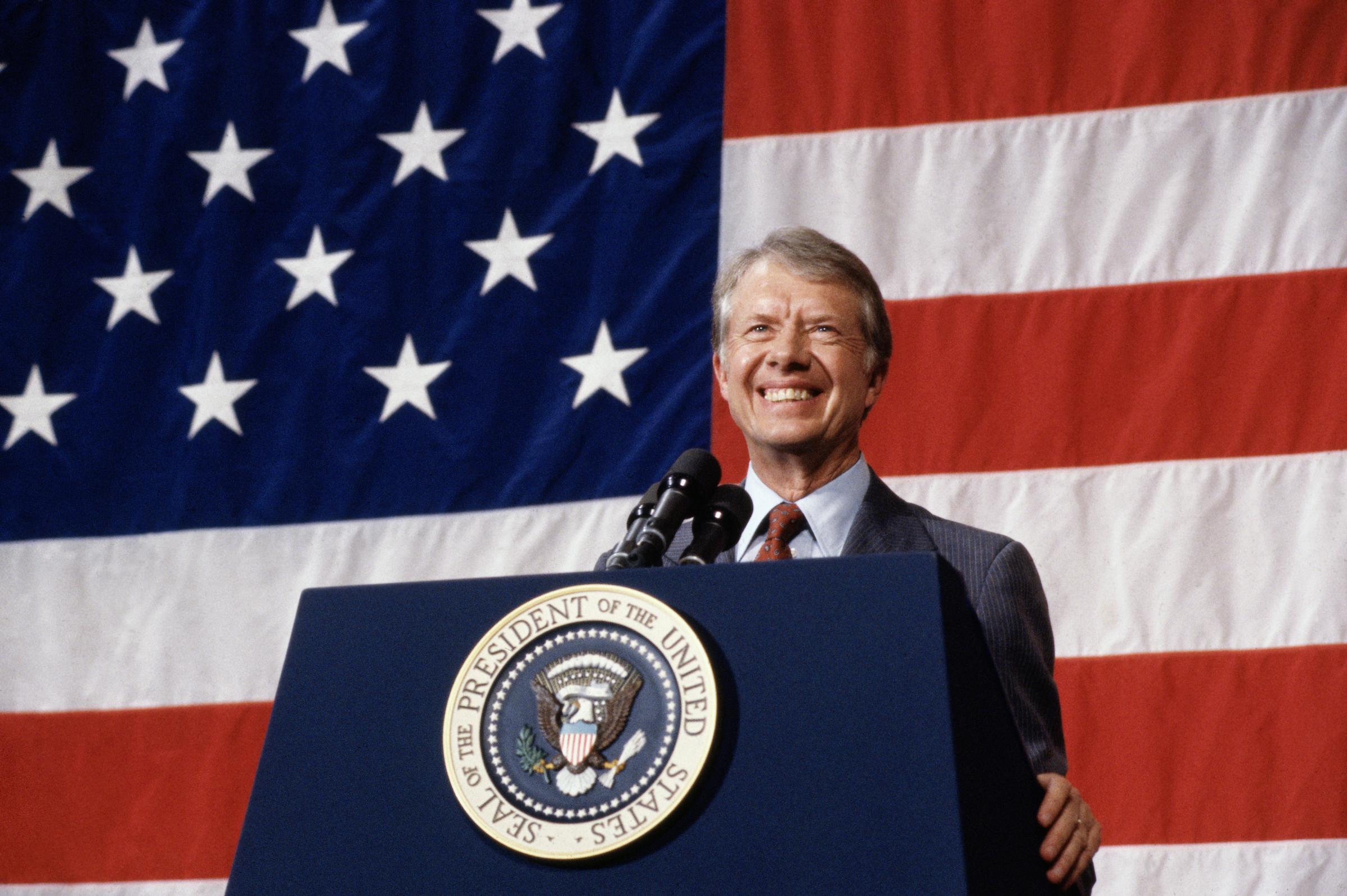 President Jimmy Carter addressing a town meeting in Elk City, Oklahoma, circa March 1979 | Source: Getty Images