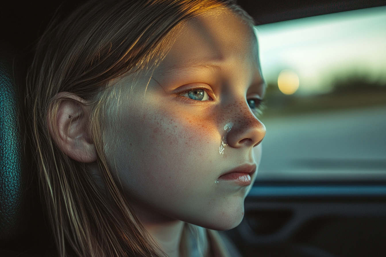 A girl crying inside a car | Source: Midjourney