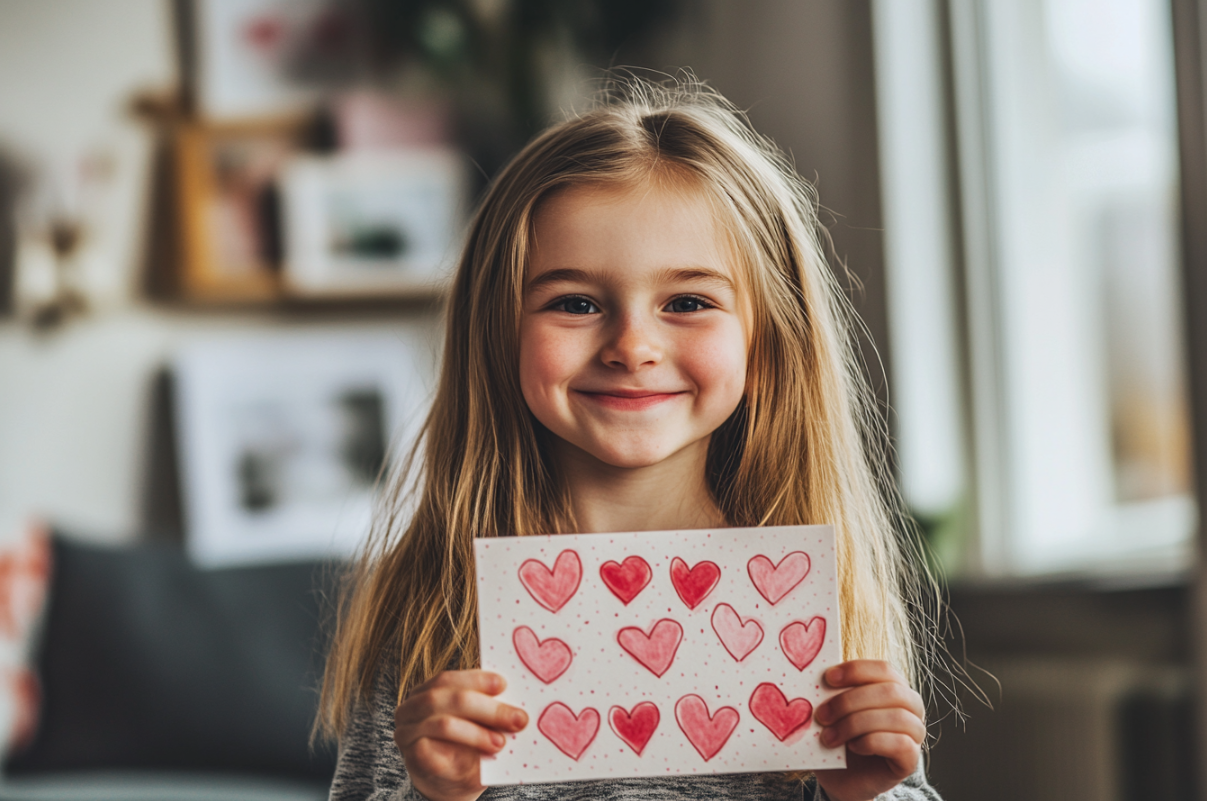 A girl holding a handmade card | Source: Midjourney