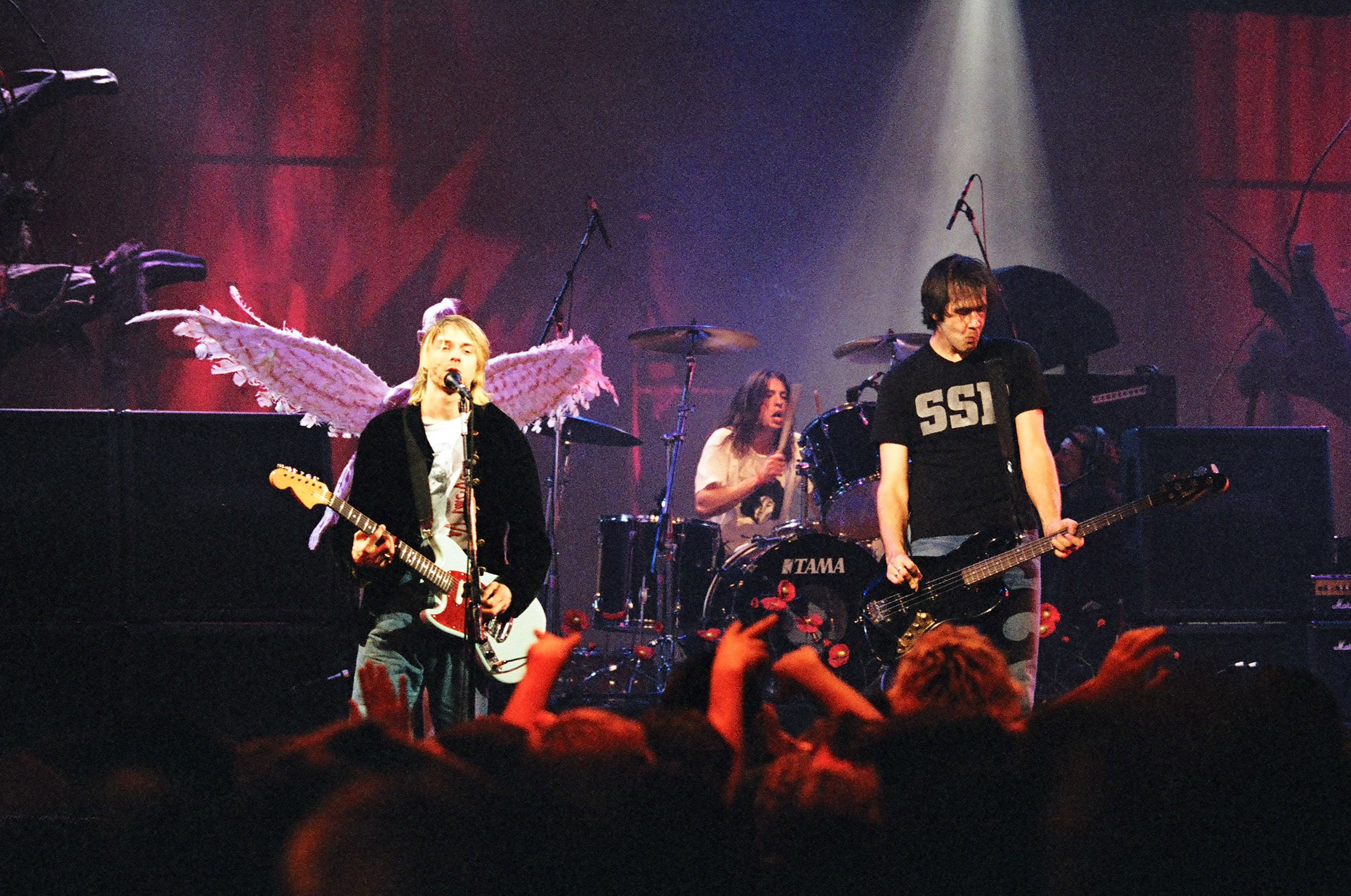 Pictured: Lead vocalist Kurt Cobain, Dave Grohl and Krist Novoselic of Nirvana perform live in December 1993 | Getty Images
