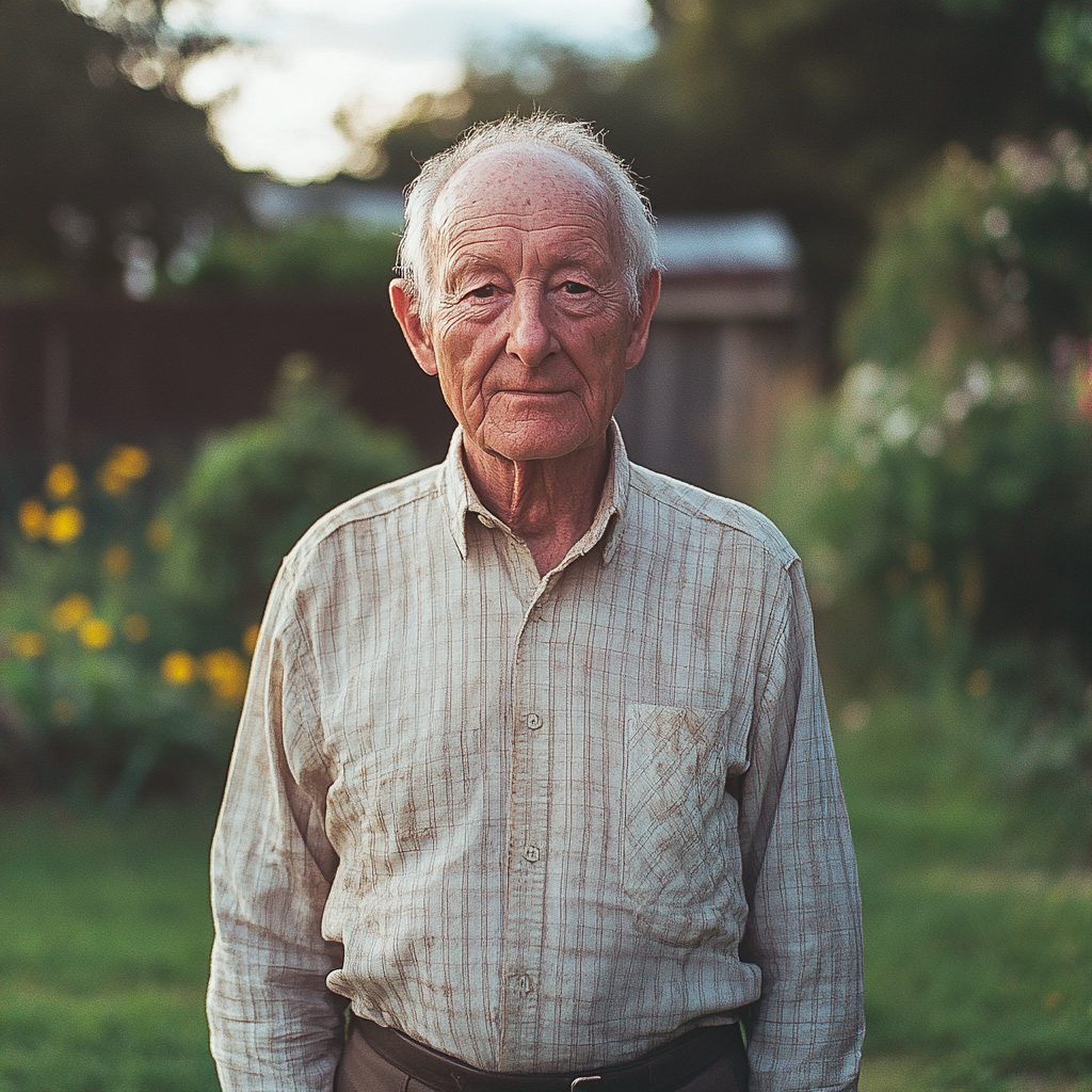 An old man standing in front of an unkept garden | Source: Midjourney