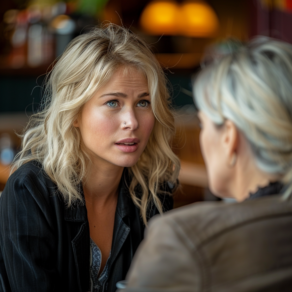 An upset young woman talking to an older woman in a café | Source: Midjourney