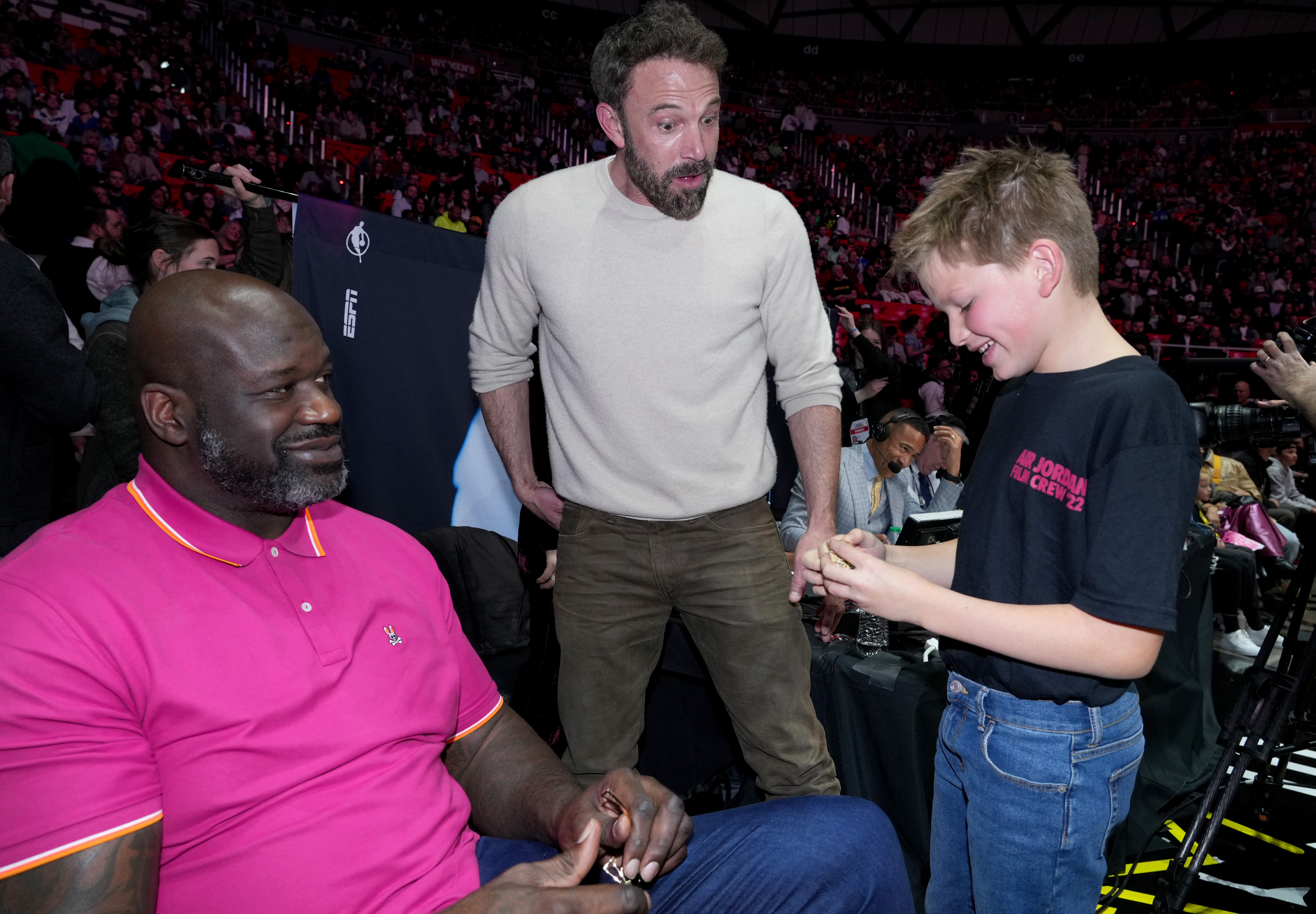 Shaquille O'Neal, Ben Affleck, and Samuel Garner Affleck attend the Ruffles Celebrity Game during the 2023 NBA All-Star Weekend at Vivint Arena on February 17, 2023 in Salt Lake City, Utah. | Source: Getty Images