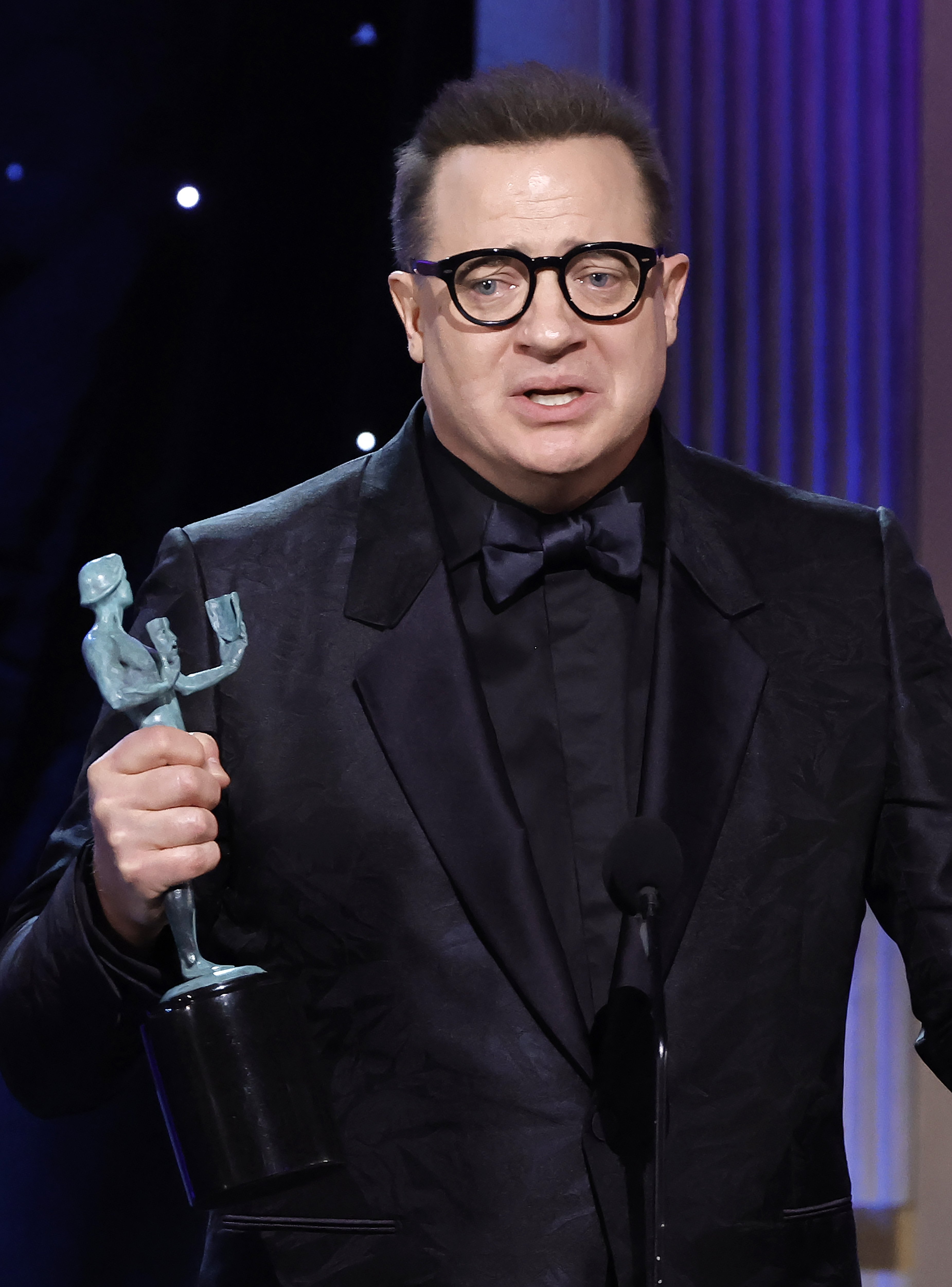 Brendan Fraser accepts the Outstanding Performance by a Male Actor in a Leading Role for "The Whale" onstage during the 29th Annual Screen Actors Guild Awards at Fairmont Century Plaza on February 26, 2023 in Los Angeles, California ┃Source: Getty Images