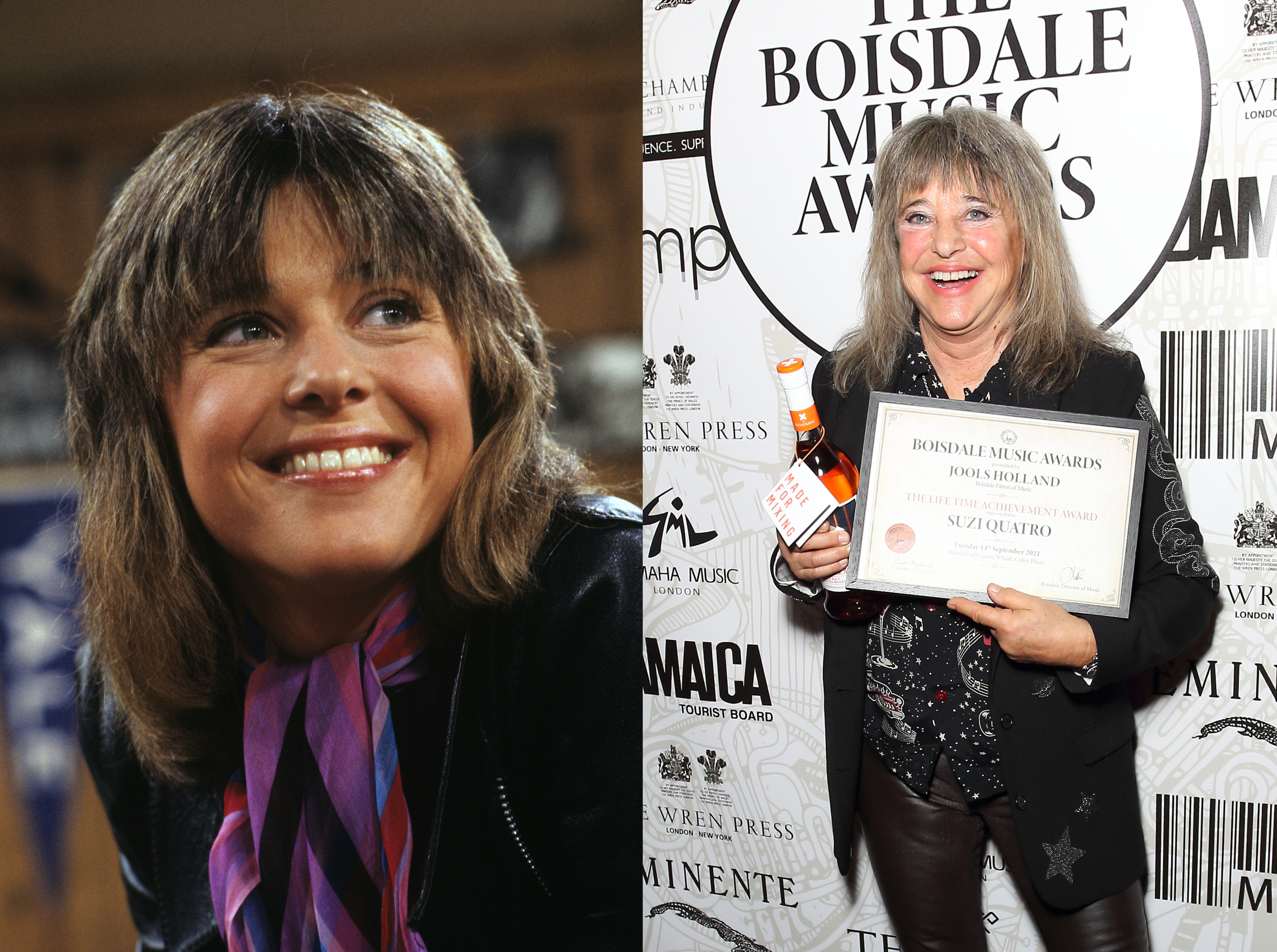 Suzi Quatro as Leather Tuscadero in "Happy Days." | Suzi Quatro attends the Boisdale Music Awards 2021 at Boisdale of Canary Wharf on September 14, 2021 in London, England. | Source: Getty Images