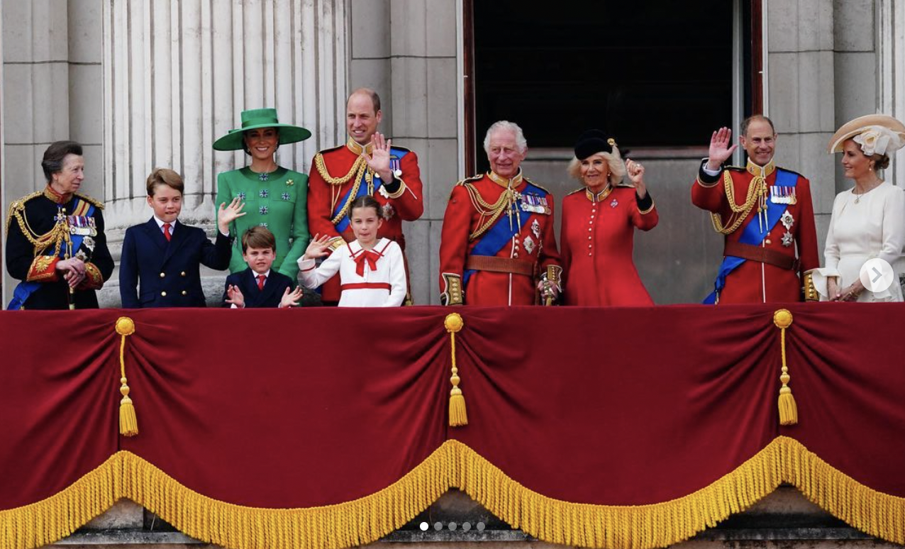 Prince Charles surrounded by members of the royal family at the balcony of Buckinham Palace during last year's celebratiion of His Majesty's first official brithday as King on June 17, 2023 | Source: Instagram/theroyalfamily