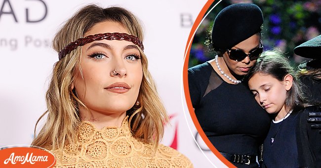 Paris Jackson at The Elizabeth Taylor Ball at The City of West Hollywood Park on September 17, 2021 in West Hollywood, California [left]. Janet Jackson and Paris Jackson hug onstage during the Michael Jackson public memorial service held at Staples Center on July 7, 2009 in Los Angeles, California [right] | Photo: Getty Images