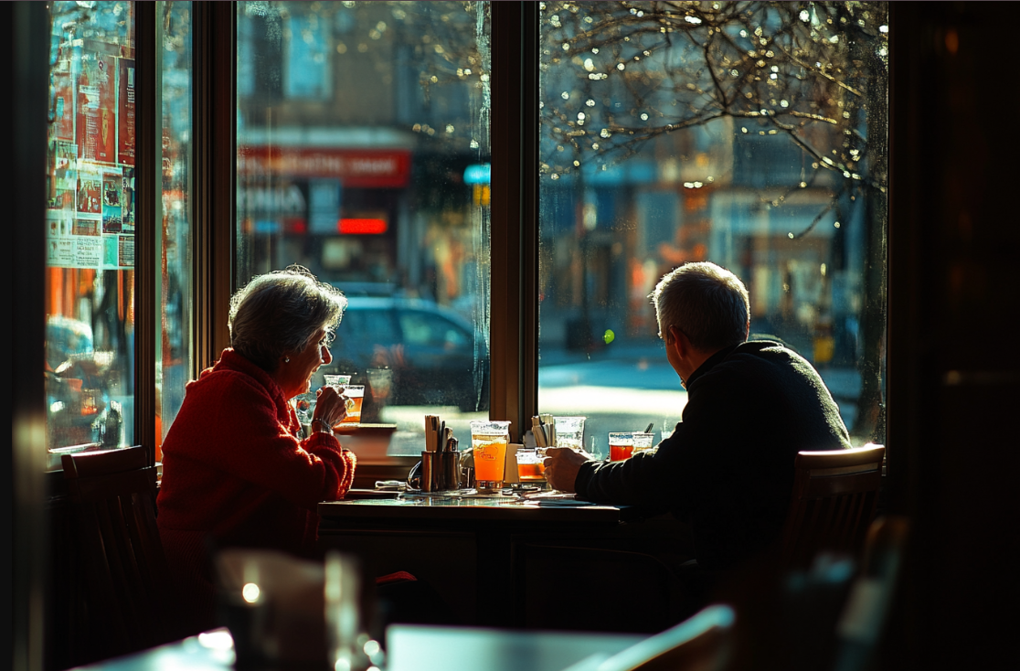 A mature woman and a younger man on a date | Source: Midjourney