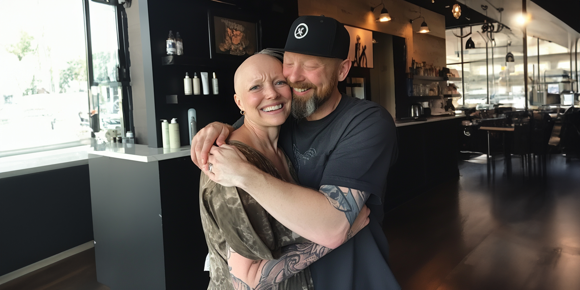 A man hugging an emotional bald woman in a hair salon | Source: AmoMama