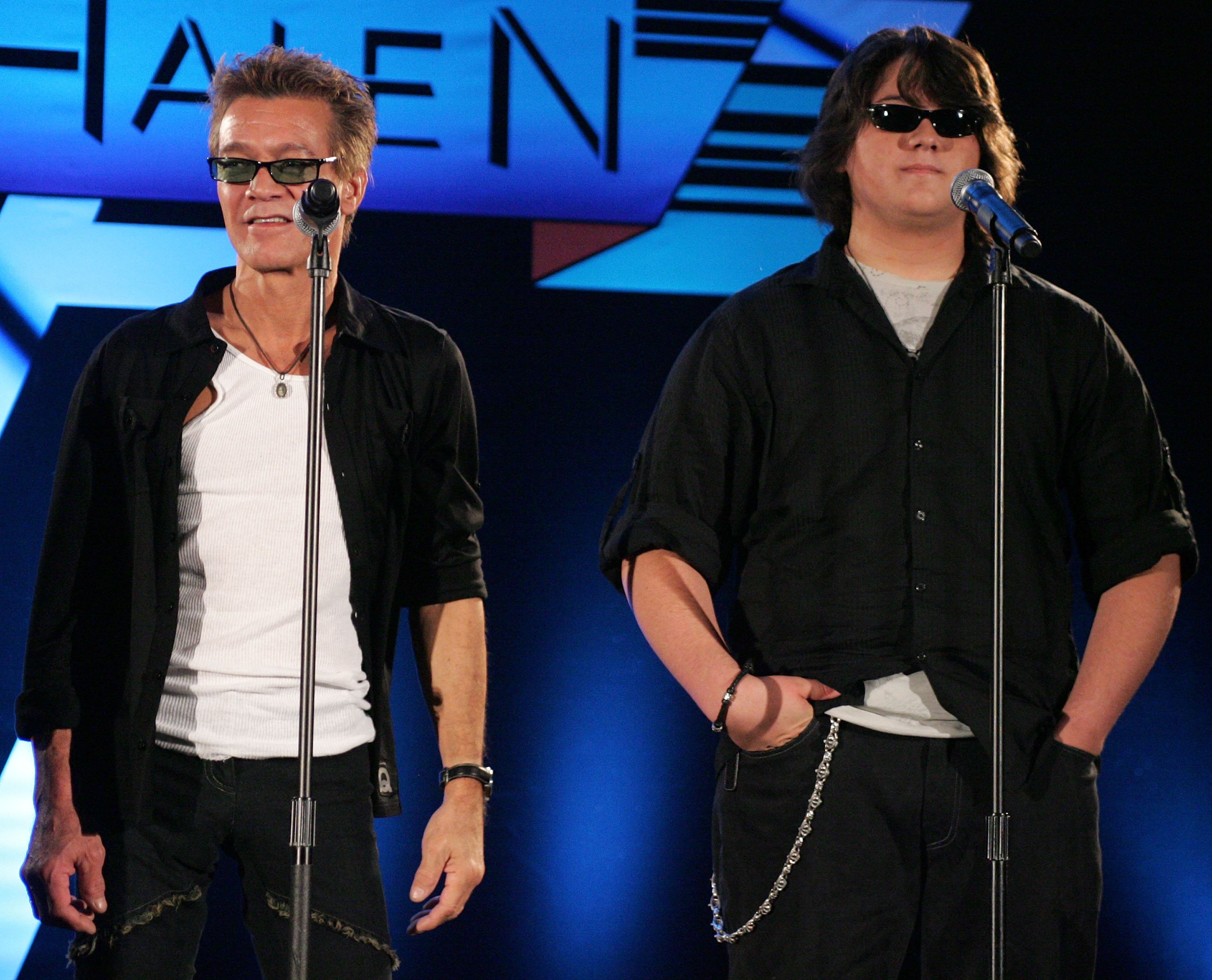 Eddie Van Halen and Wolfgang Van Halen at the Van Halen and David Lee Roth press conference announcing their North American Tour at the Four Seasons Hotel on August 13, 2007, in Los Angeles, California. | Source: Getty Images