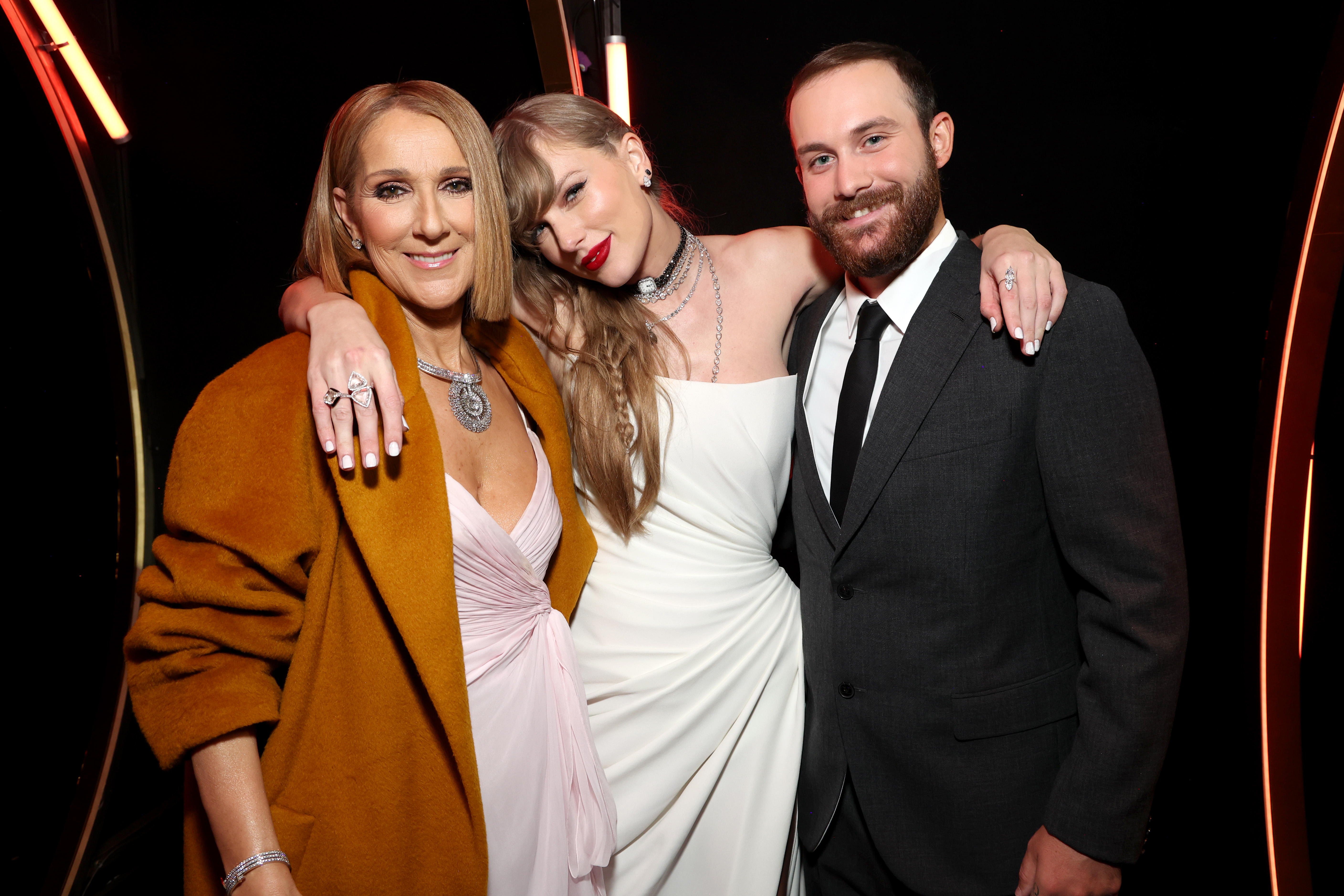 Celine Dion, Taylor Swift and Rene-Charles Angelil during the 66th Grammy Awards in Los Angeles, California on February 4, 2024 | Source: Getty Images