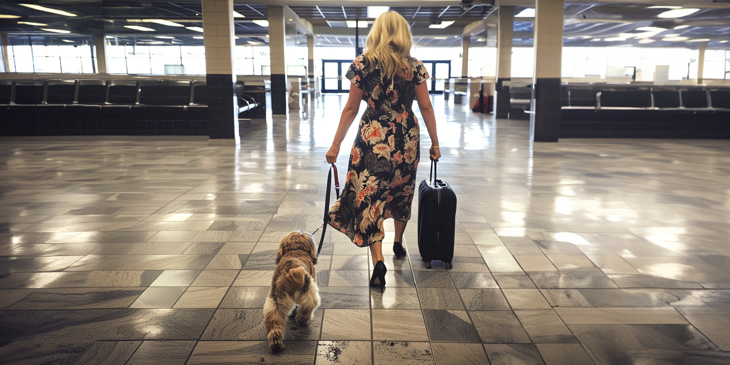 A woman leading a dog through an airport terminal | Source: Amomama